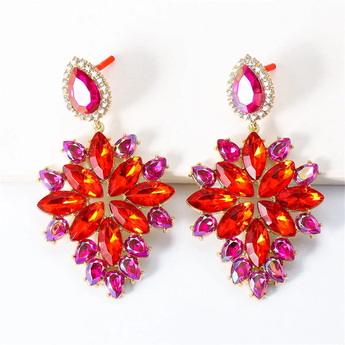 Cubic Zirconia & Red Crystal Marquise-Cut Cluster Drop Earrings