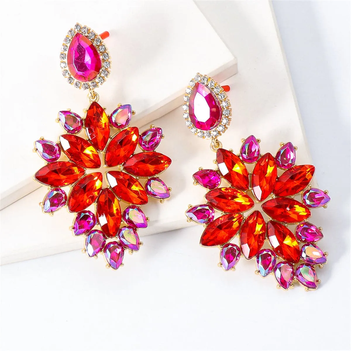 Cubic Zirconia & Red Crystal Marquise-Cut Cluster Drop Earrings