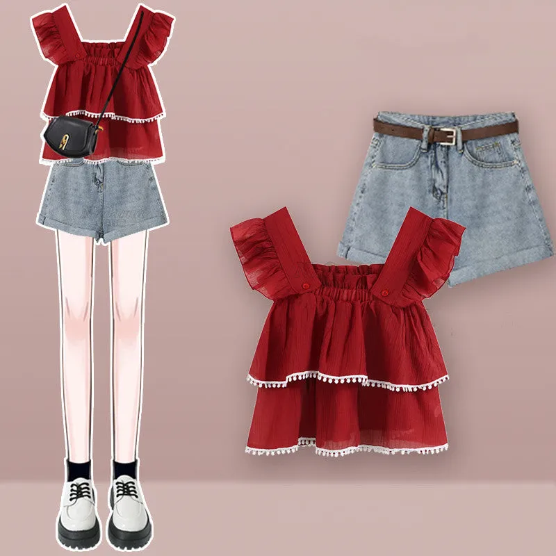 Cute top   denim shorts two-piece set  UB98305