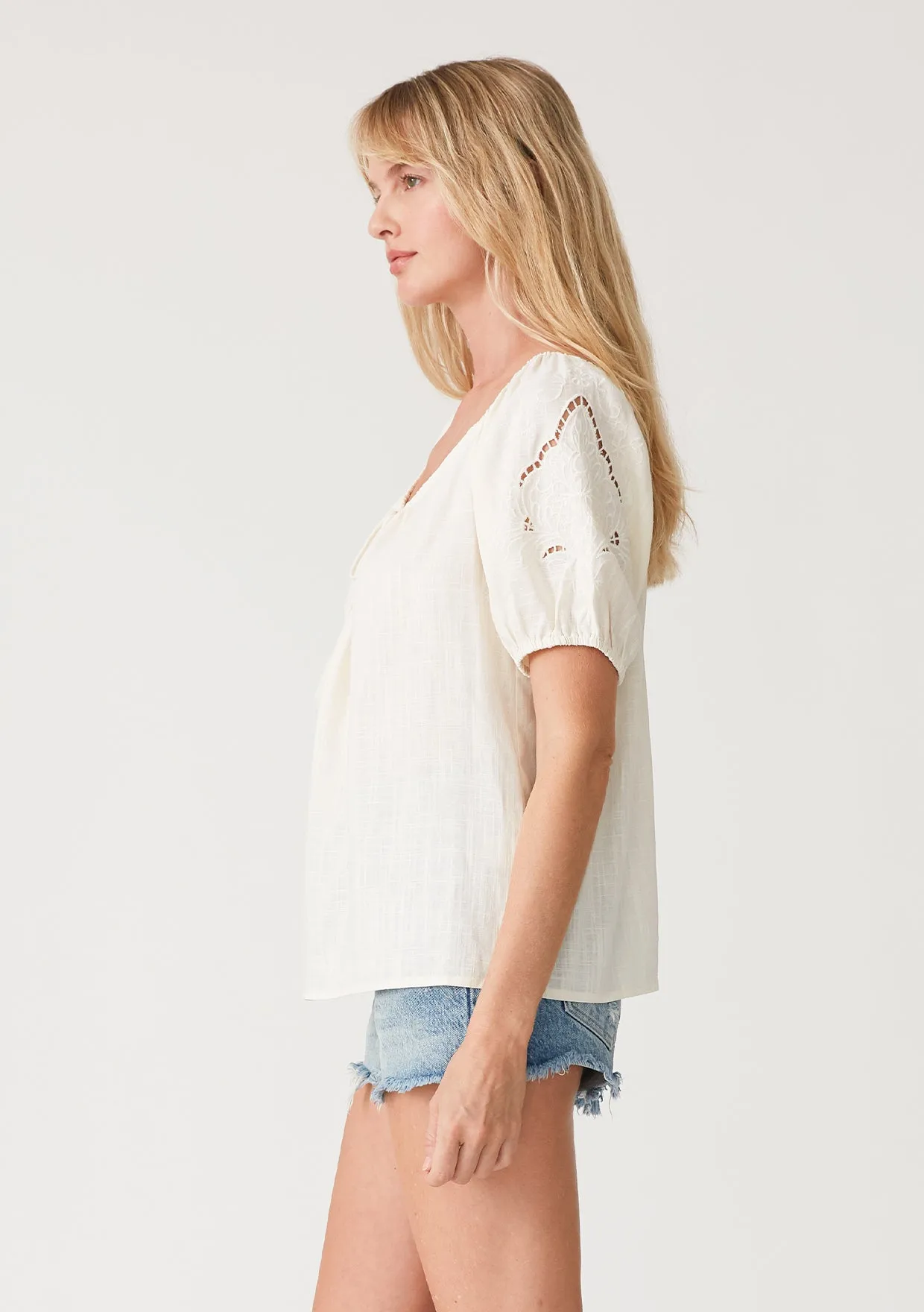Cutout Embroidered Puff Sleeve Tassel Tie Blouse