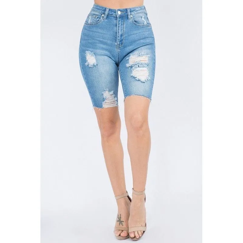 Distressed Denim Skinny Bermuda Shorts