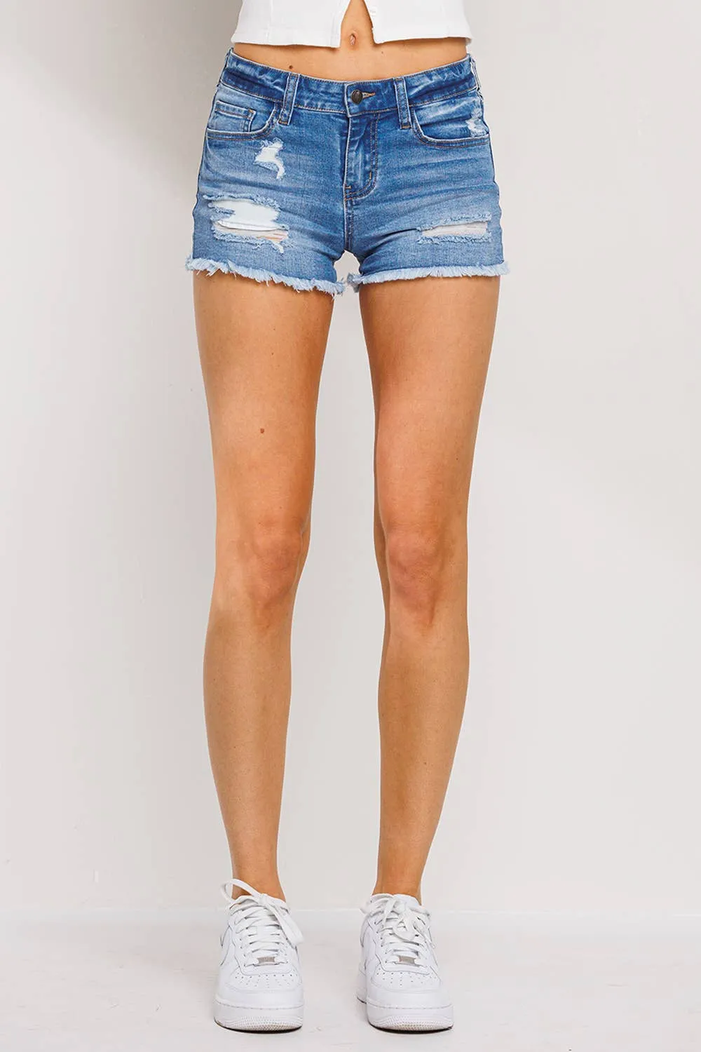 Distressed Shorts with Fray Hem: Medium Denim