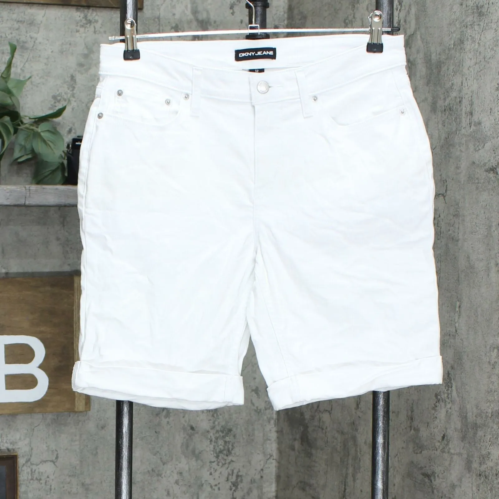 DKNY Jeans Women's Roll Cuff Denim Bermuda Shorts. 1386501 White 12