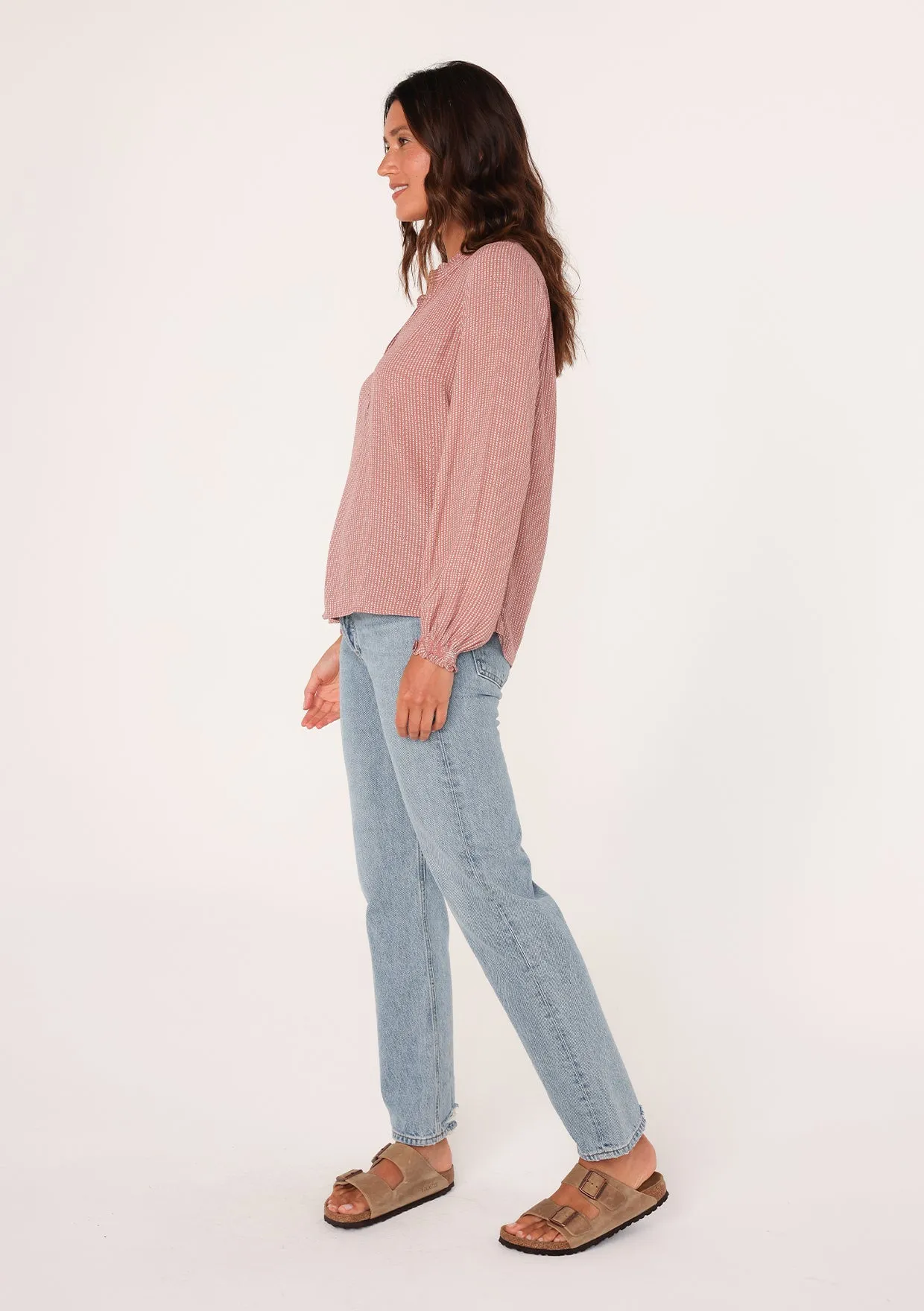 Dotted Long Sleeve Ruffle Neck Blouse