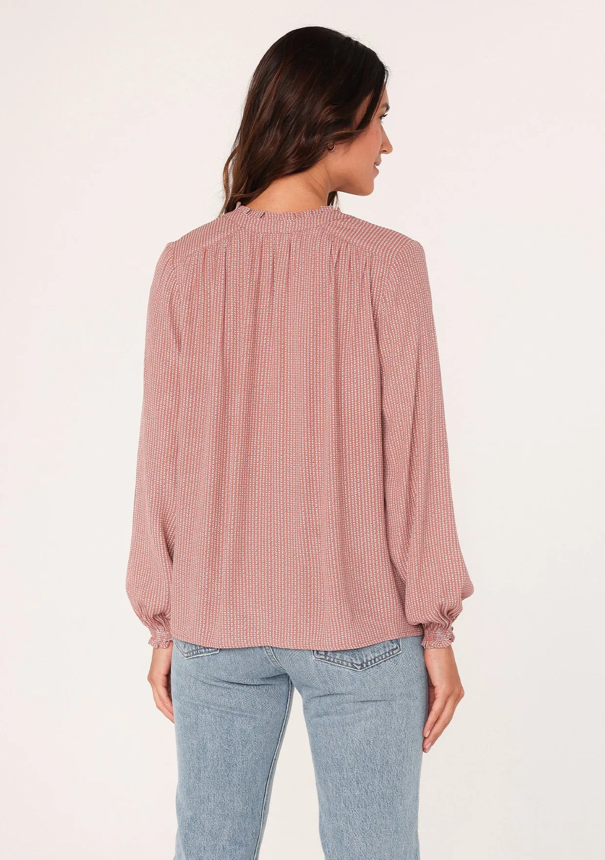 Dotted Long Sleeve Ruffle Neck Blouse