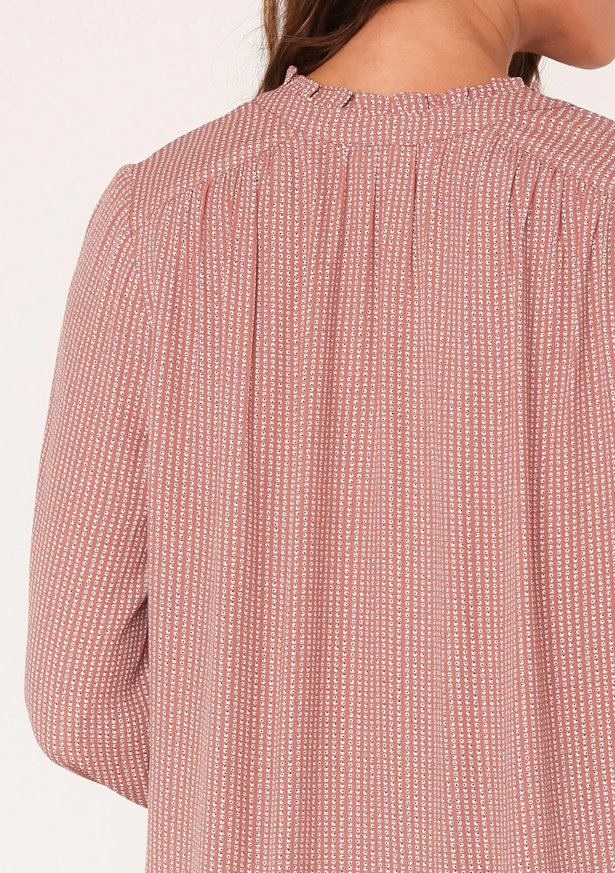 Dotted Long Sleeve Ruffle Neck Blouse