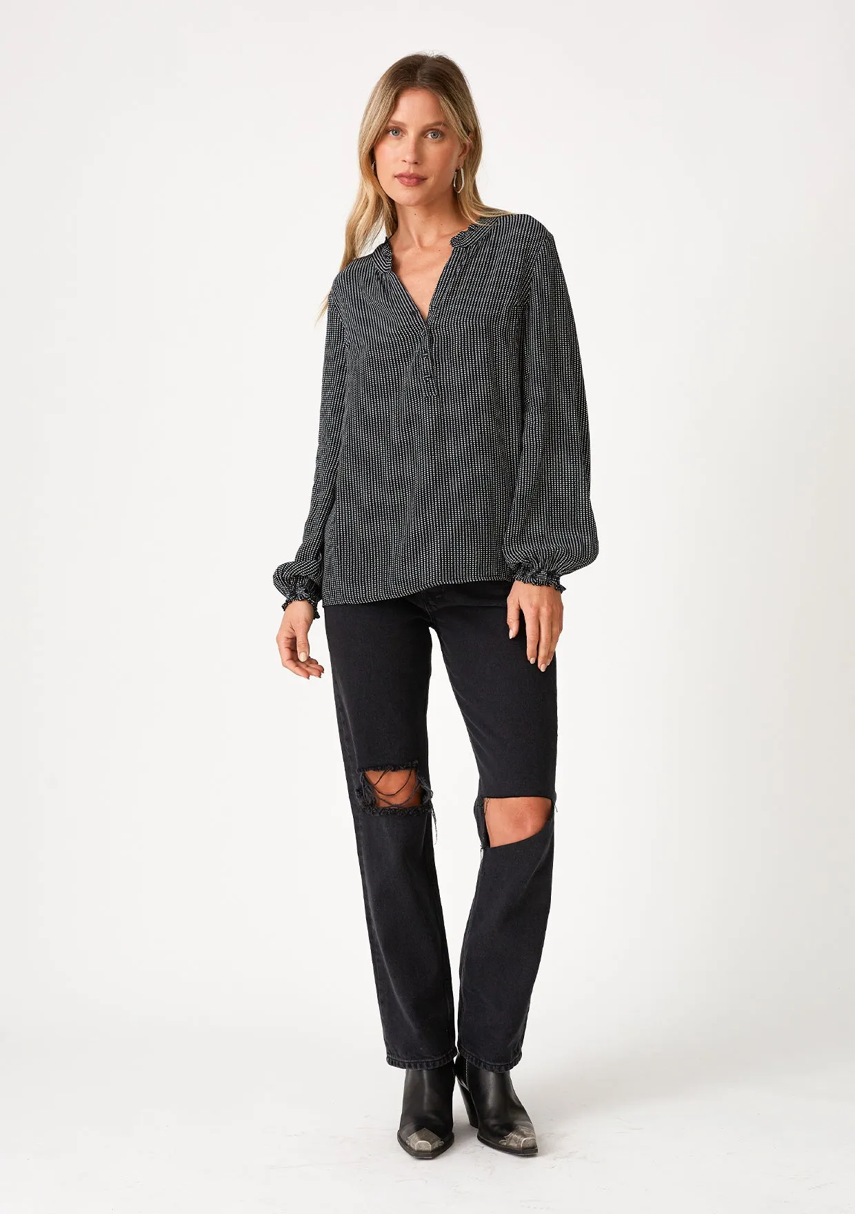 Dotted Long Sleeve Ruffle Neck Blouse