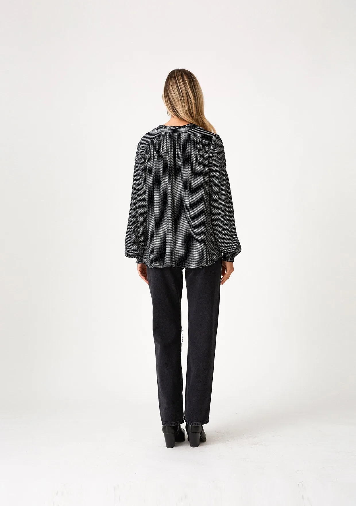 Dotted Long Sleeve Ruffle Neck Blouse