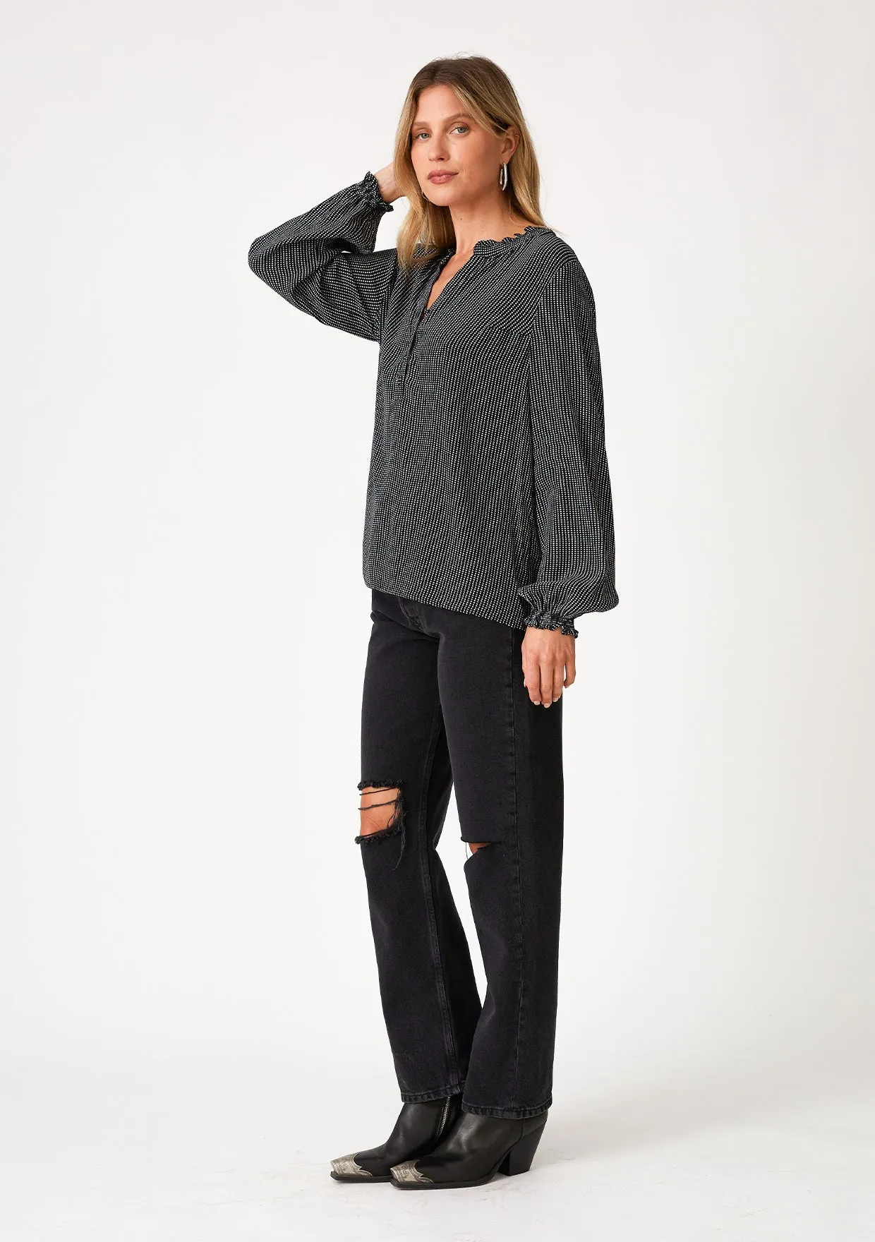 Dotted Long Sleeve Ruffle Neck Blouse
