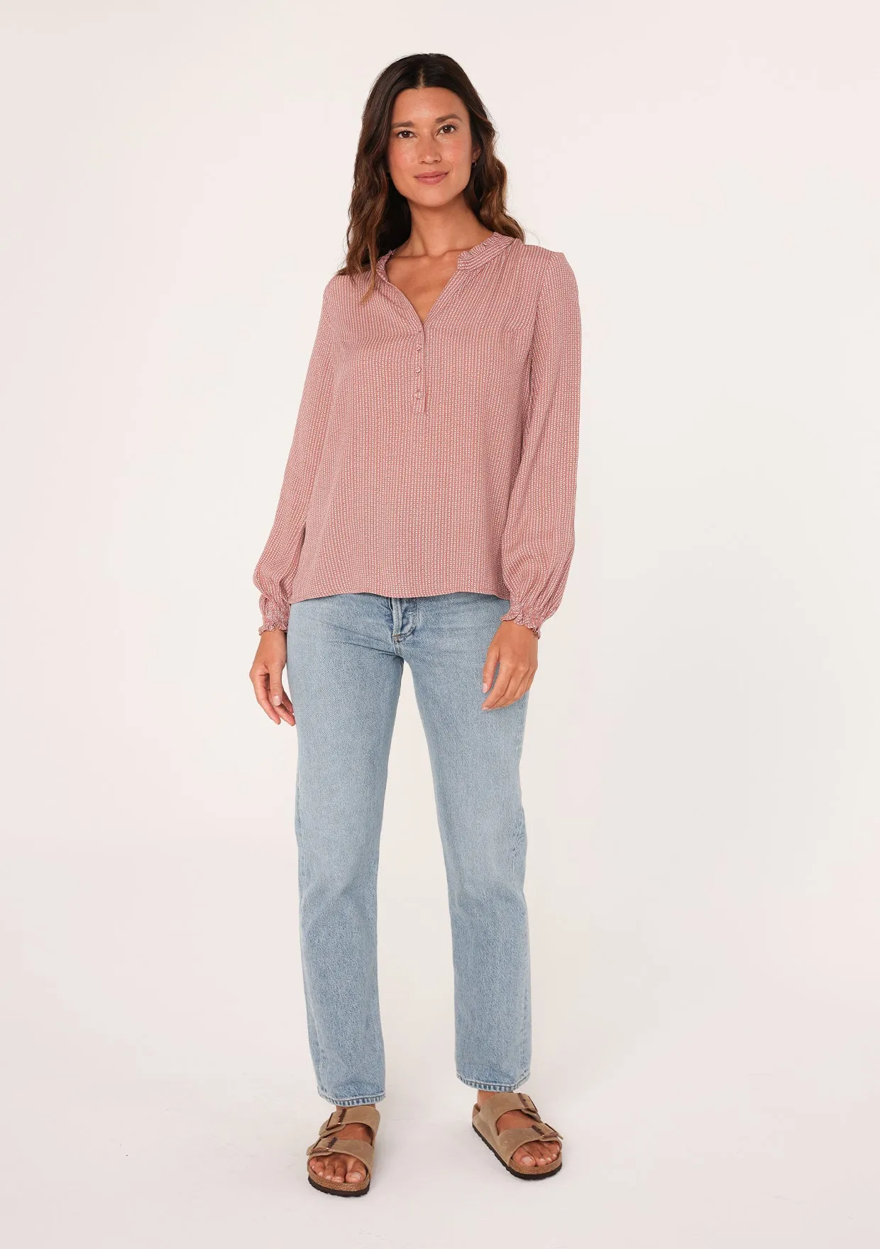 Dotted Long Sleeve Ruffle Neck Blouse