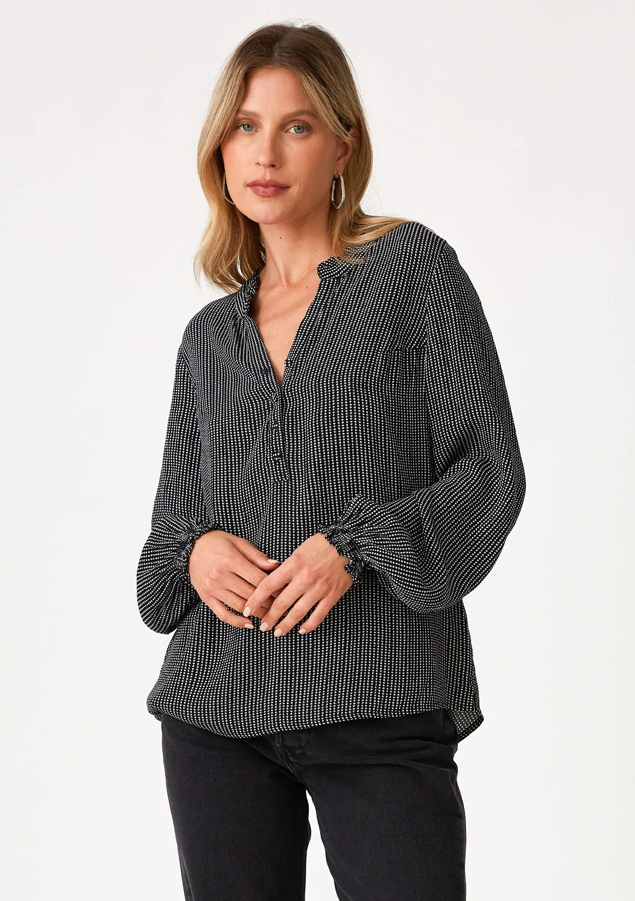 Dotted Long Sleeve Ruffle Neck Blouse