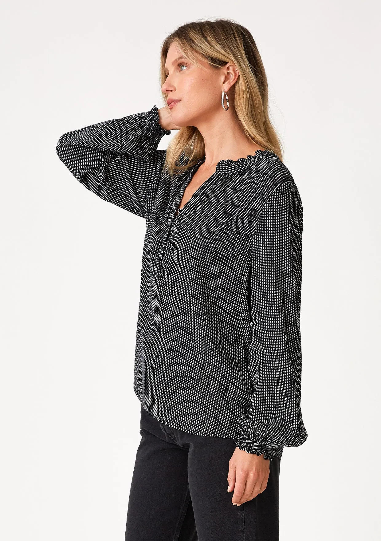 Dotted Long Sleeve Ruffle Neck Blouse
