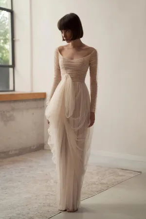 Dreamy Straight Weeding Dress Simple Long Sleeve Bride Robe Elegant Pleated Tulle Bridal Dresses Vestidos De Novia