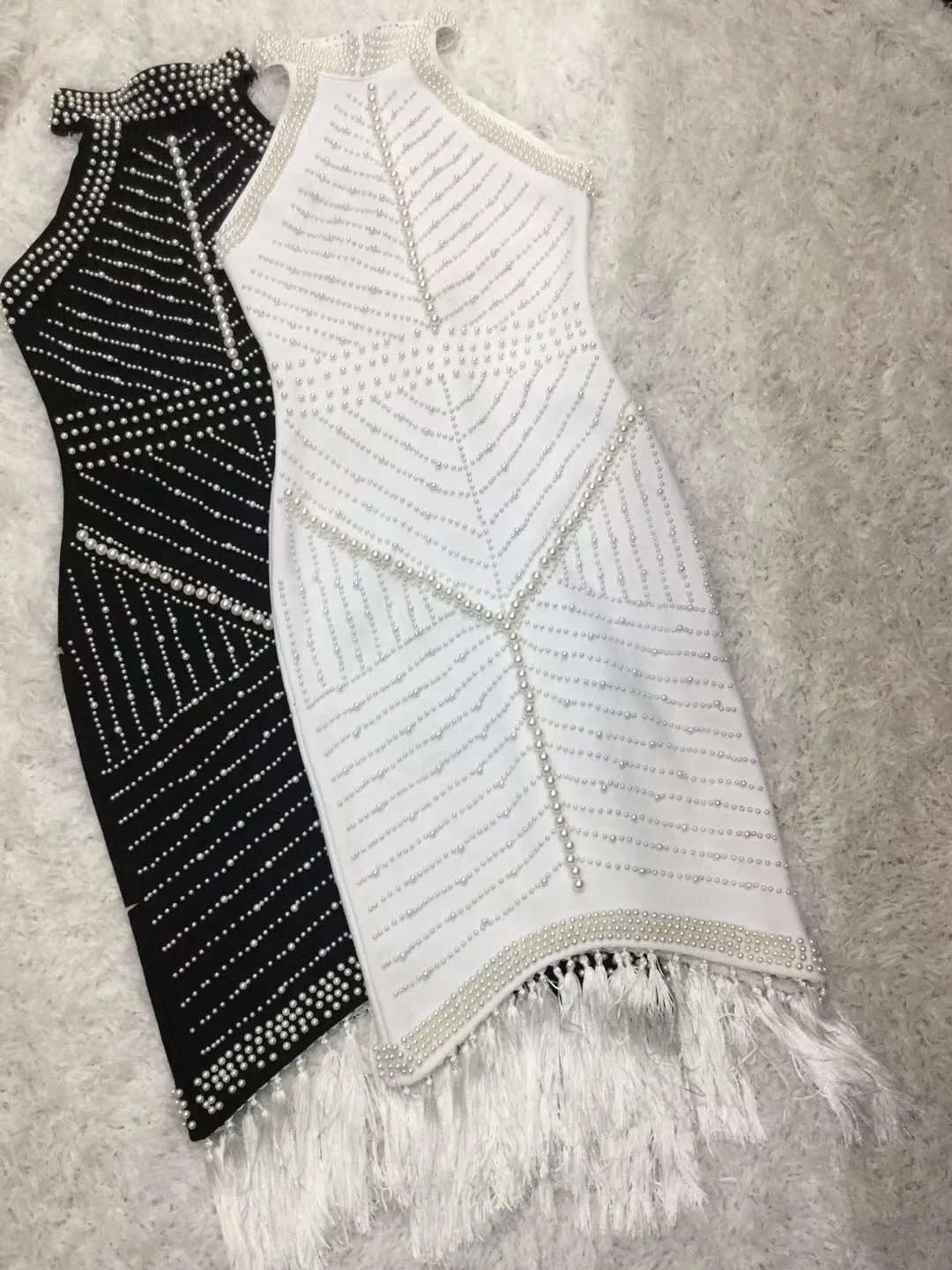 Dress Sexy Backless Beading Black White Tassel Women Dress  Designer Fashion Party Dress Vestido
