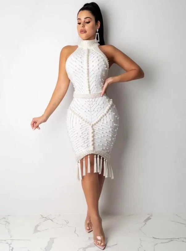 Dress Sexy Backless Beading Black White Tassel Women Dress  Designer Fashion Party Dress Vestido