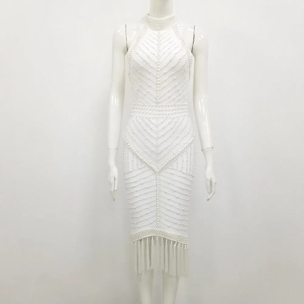 Dress Sexy Backless Beading Black White Tassel Women Dress  Designer Fashion Party Dress Vestido
