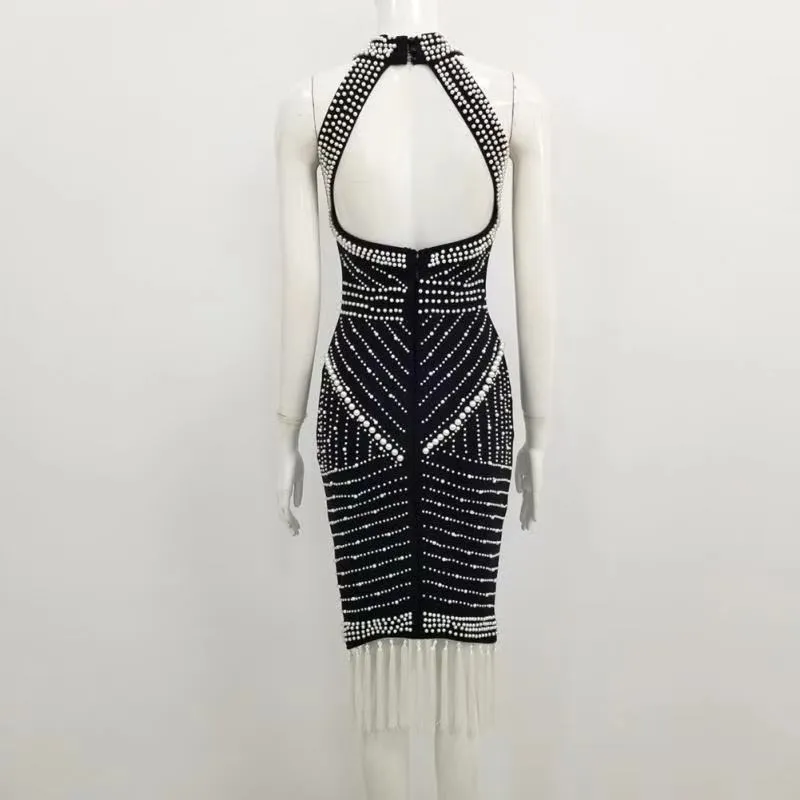 Dress Sexy Backless Beading Black White Tassel Women Dress  Designer Fashion Party Dress Vestido