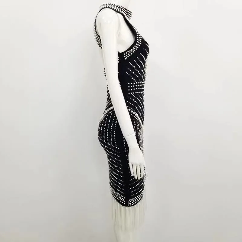 Dress Sexy Backless Beading Black White Tassel Women Dress  Designer Fashion Party Dress Vestido