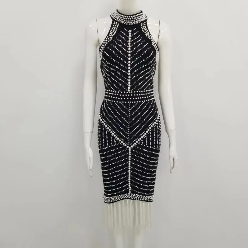 Dress Sexy Backless Beading Black White Tassel Women Dress  Designer Fashion Party Dress Vestido