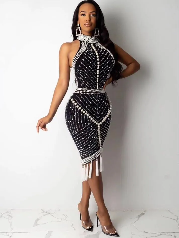 Dress Sexy Backless Beading Black White Tassel Women Dress  Designer Fashion Party Dress Vestido