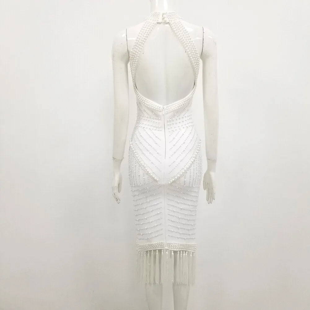 Dress Sexy Backless Beading Black White Tassel Women Dress  Designer Fashion Party Dress Vestido