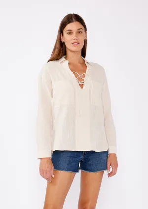 Drop Shoulder Lace-Up Textured Cotton Top