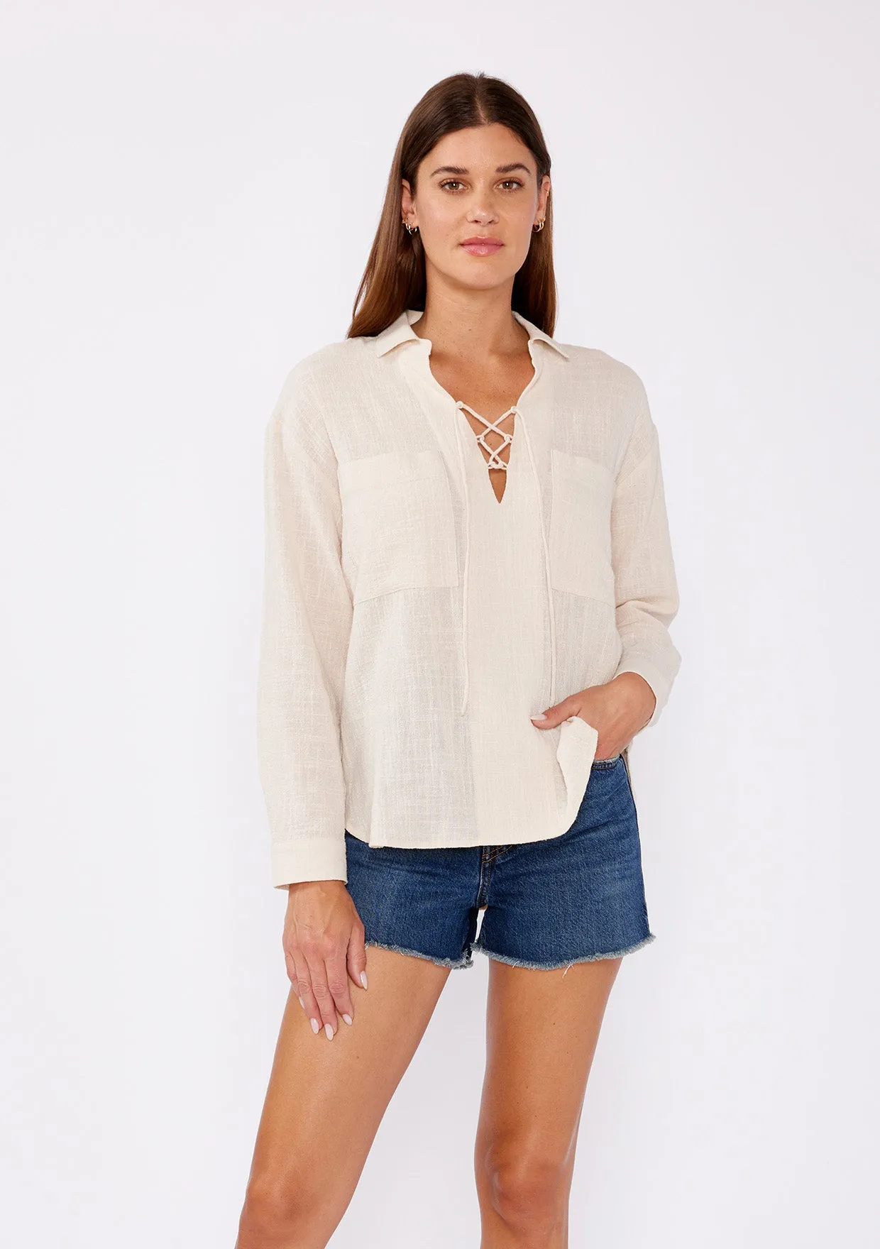 Drop Shoulder Lace-Up Textured Cotton Top