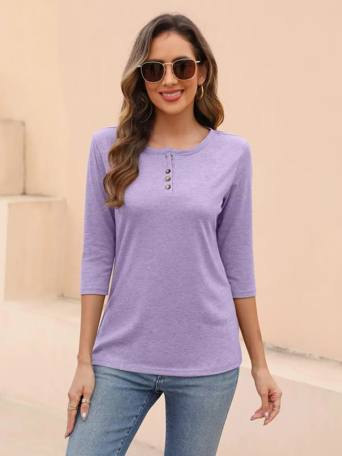 EADINVE Womens Crew Neck 3/4 Sleeve Tops Basic Button T-Shirts Solid Loose Cute Tunic Tee Blouses Fit Pullover Purple X-Large