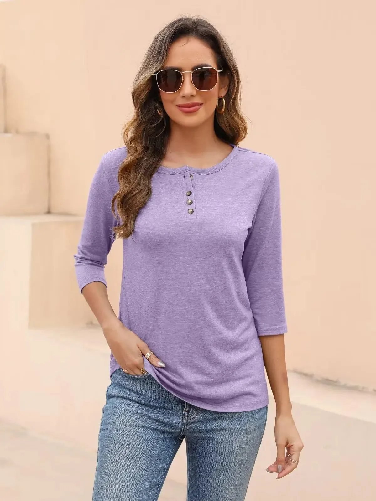 EADINVE Womens Crew Neck 3/4 Sleeve Tops Basic Button T-Shirts Solid Loose Cute Tunic Tee Blouses Fit Pullover Purple X-Large