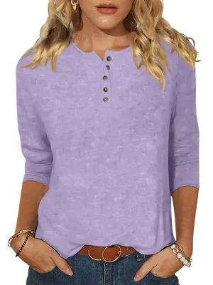 EADINVE Womens Crew Neck 3/4 Sleeve Tops Basic Button T-Shirts Solid Loose Cute Tunic Tee Blouses Fit Pullover Purple X-Large