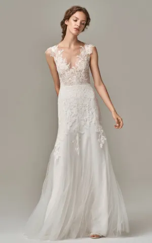 Elegant Sheath Sleeveless V-neck Lace Tull Floor-length Wedding Dress with V Back and Appliques-715906