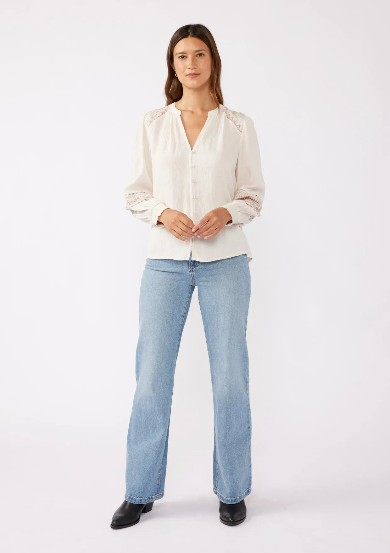 Embroidered Button-Down Split Neck Blouse