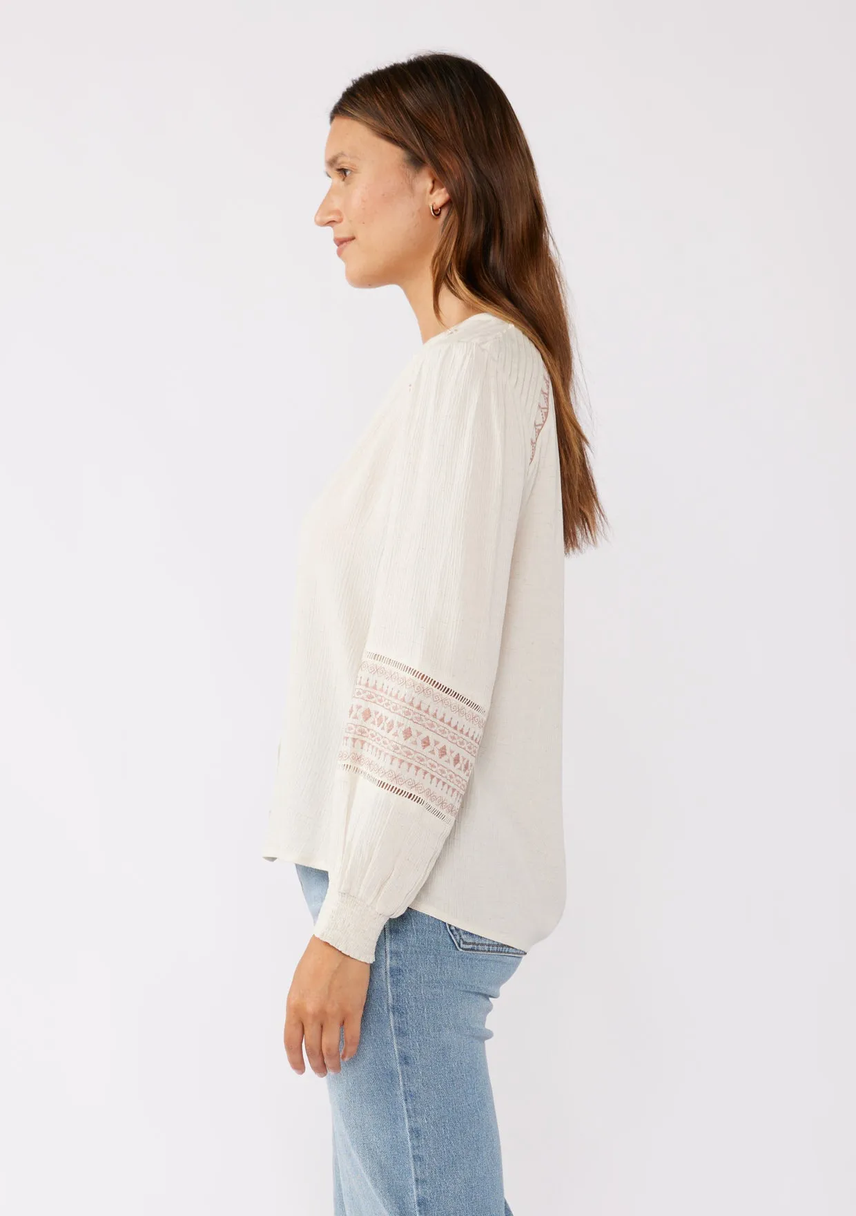 Embroidered Button-Down Split Neck Blouse