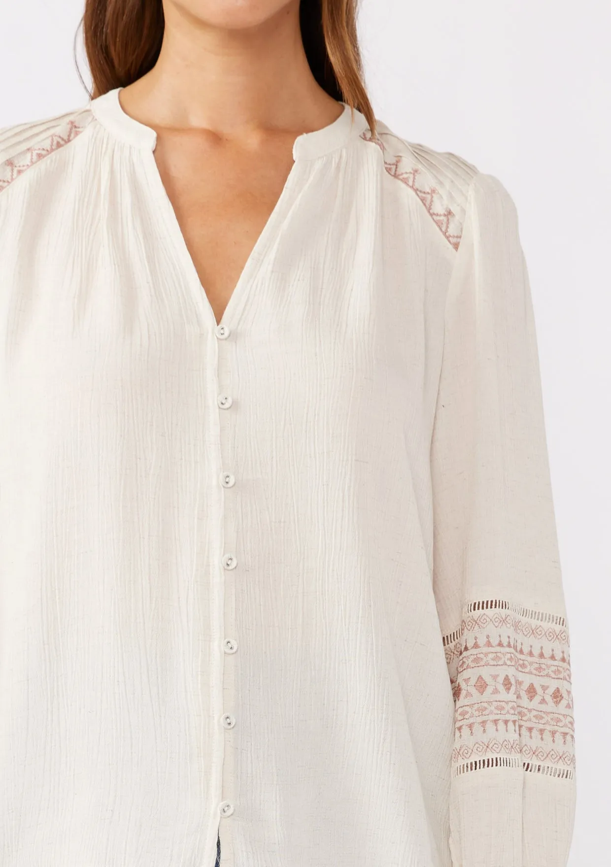 Embroidered Button-Down Split Neck Blouse