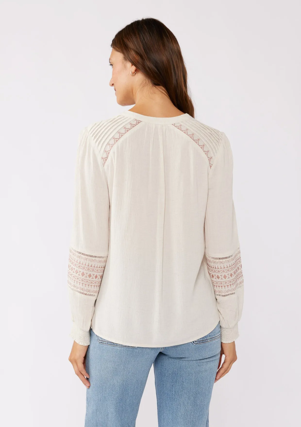 Embroidered Button-Down Split Neck Blouse