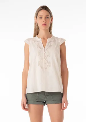 Embroidered Cap Sleeve Button Front Blouse