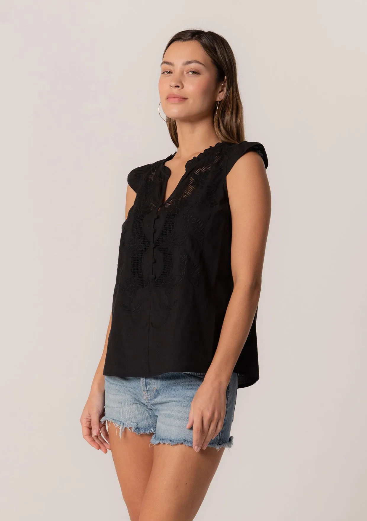Embroidered Cap Sleeve Button Front Blouse