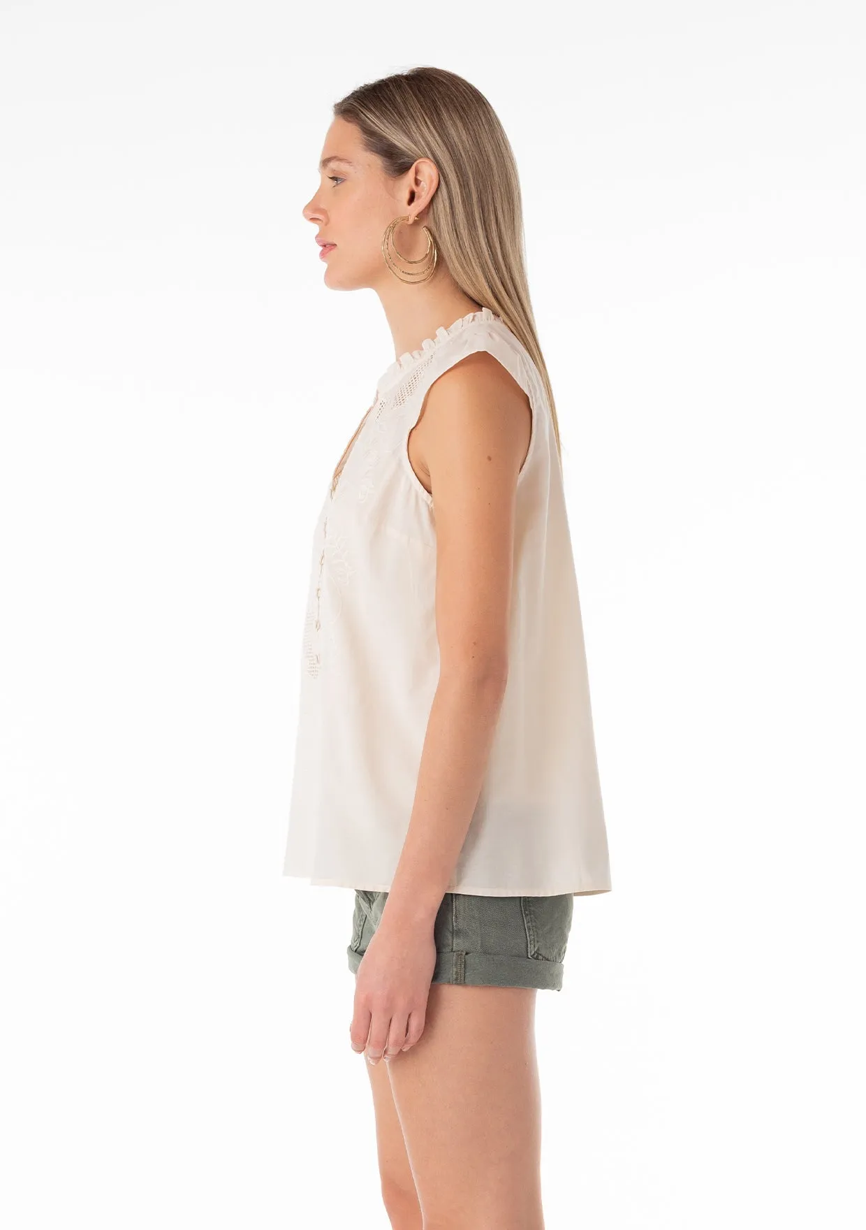 Embroidered Cap Sleeve Button Front Blouse