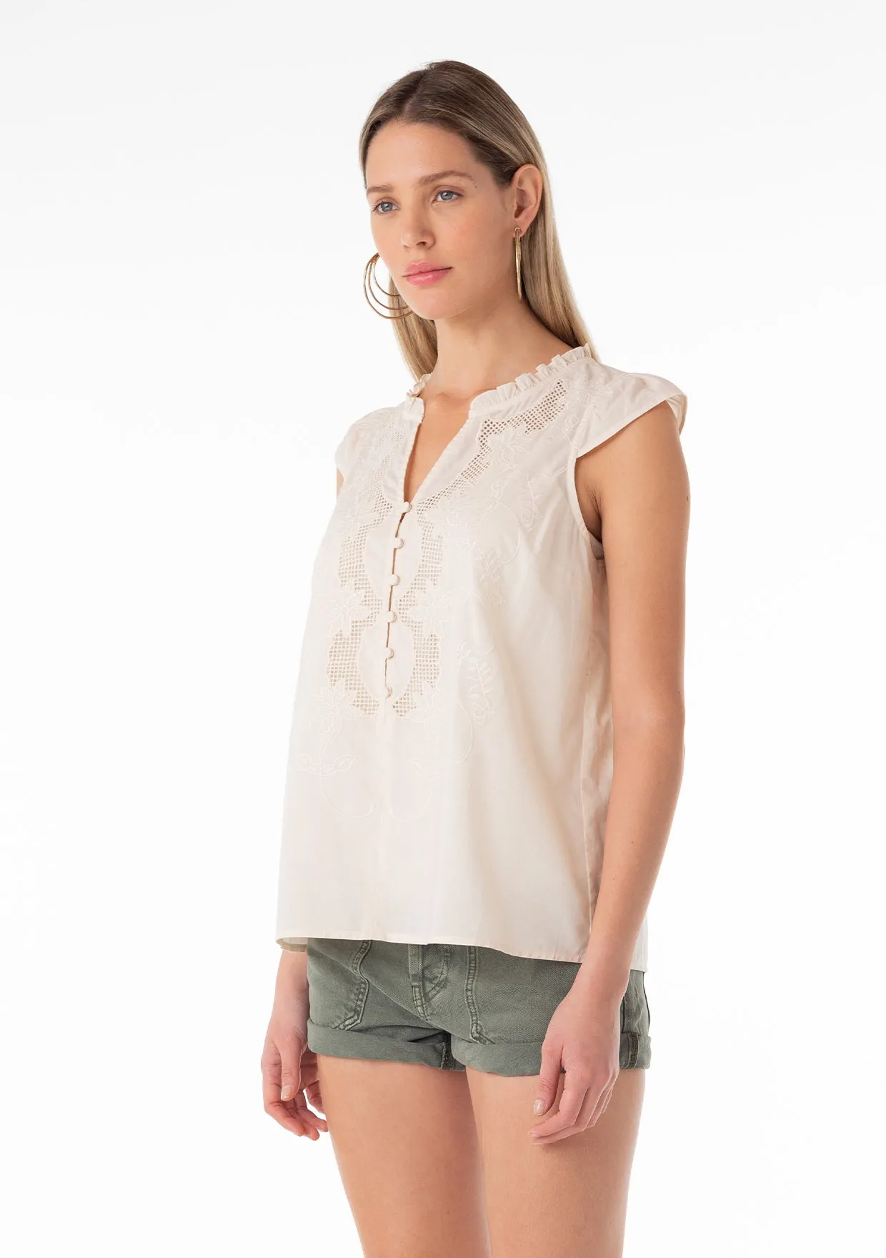 Embroidered Cap Sleeve Button Front Blouse