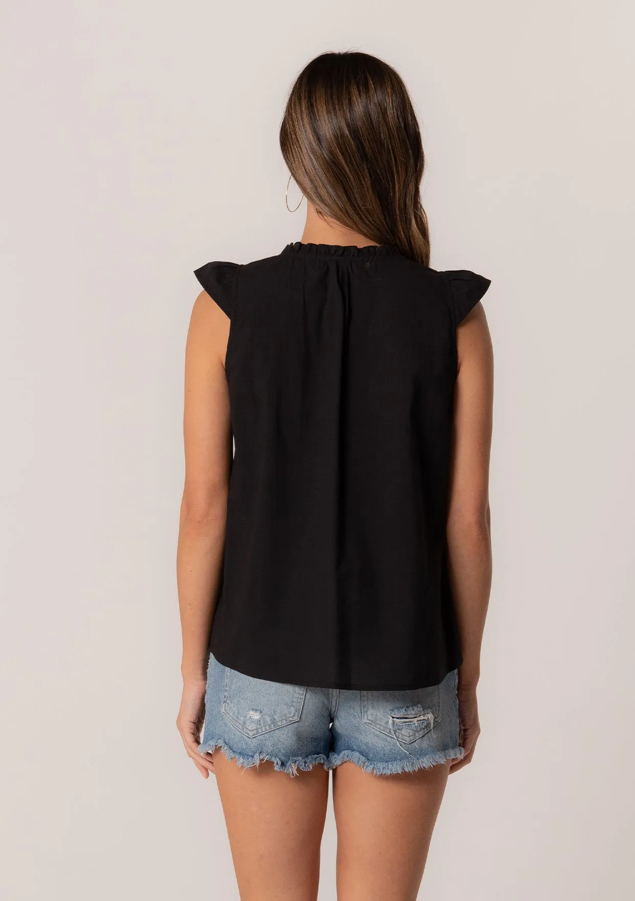 Embroidered Cap Sleeve Button Front Blouse