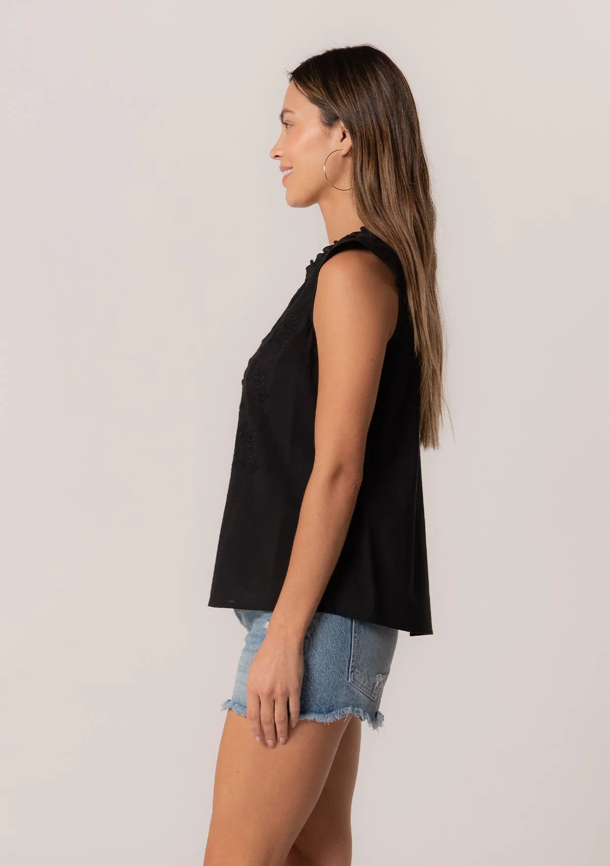 Embroidered Cap Sleeve Button Front Blouse