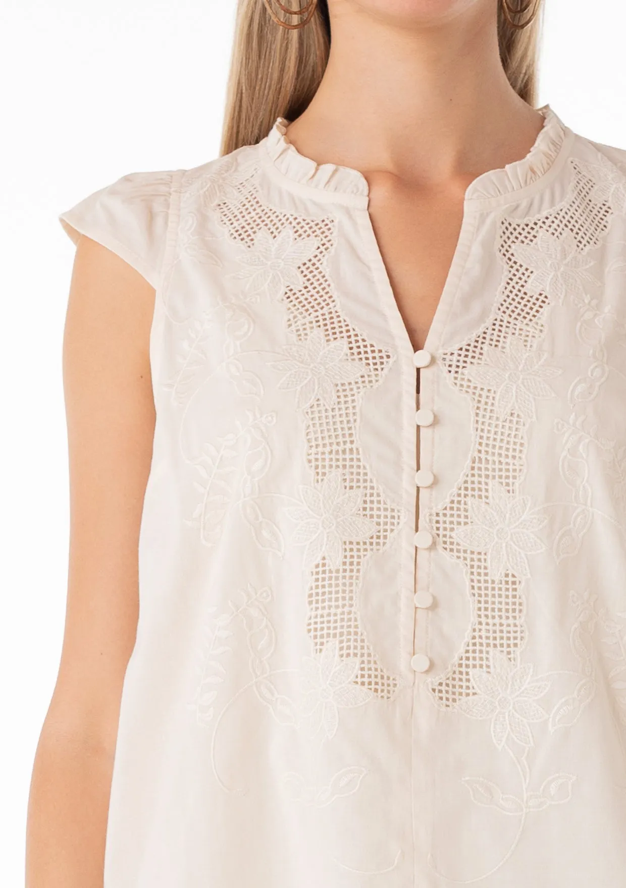 Embroidered Cap Sleeve Button Front Blouse