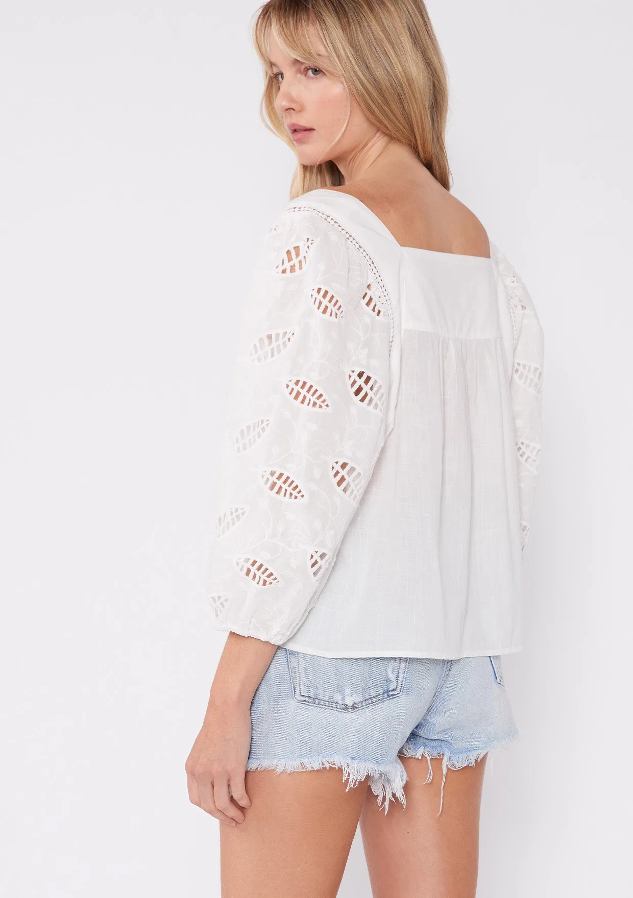Embroidered Cutout 3/4 Sleeve Tie Neck Blouse
