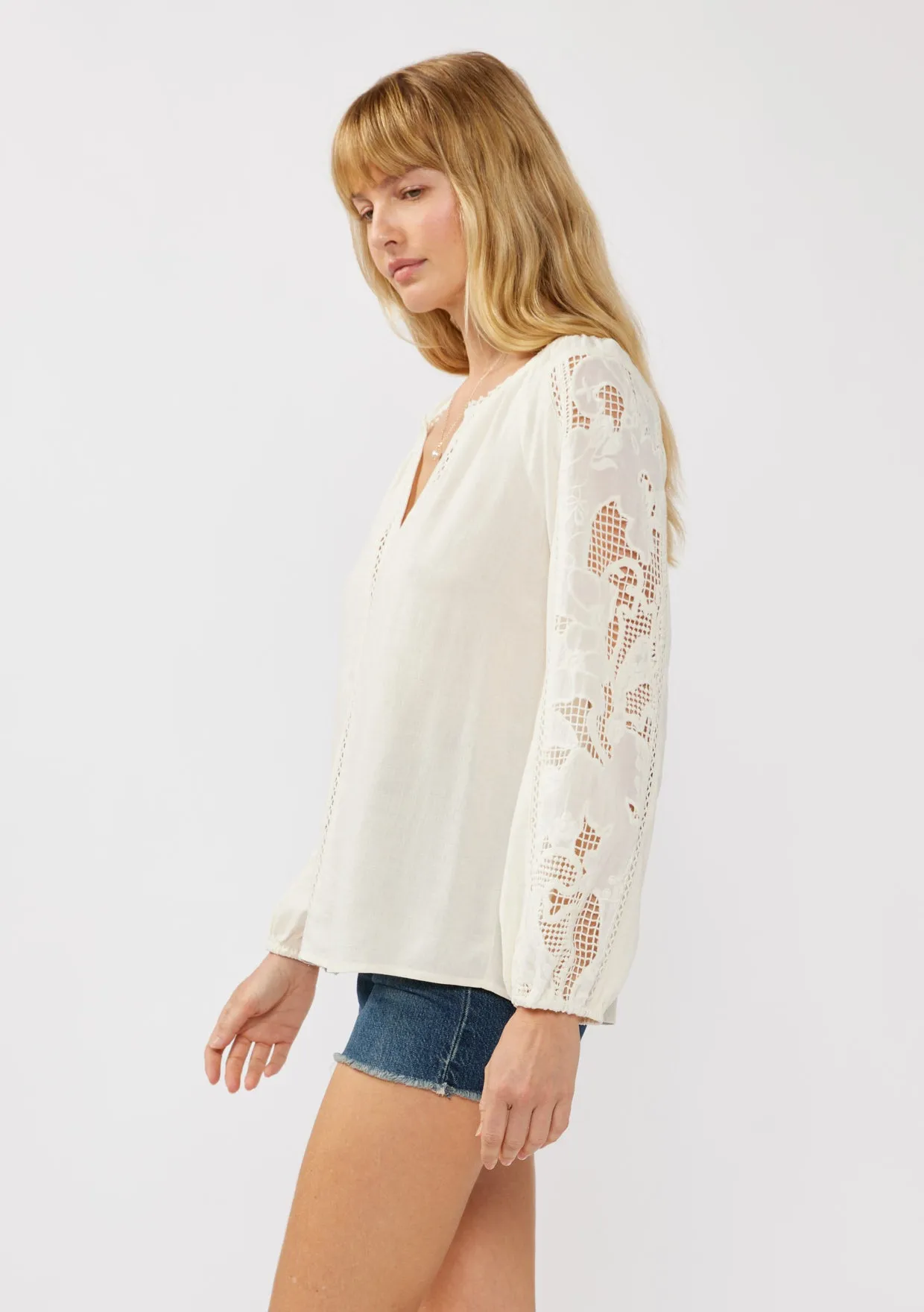 Embroidered Lace Trim Split Neck Blouse