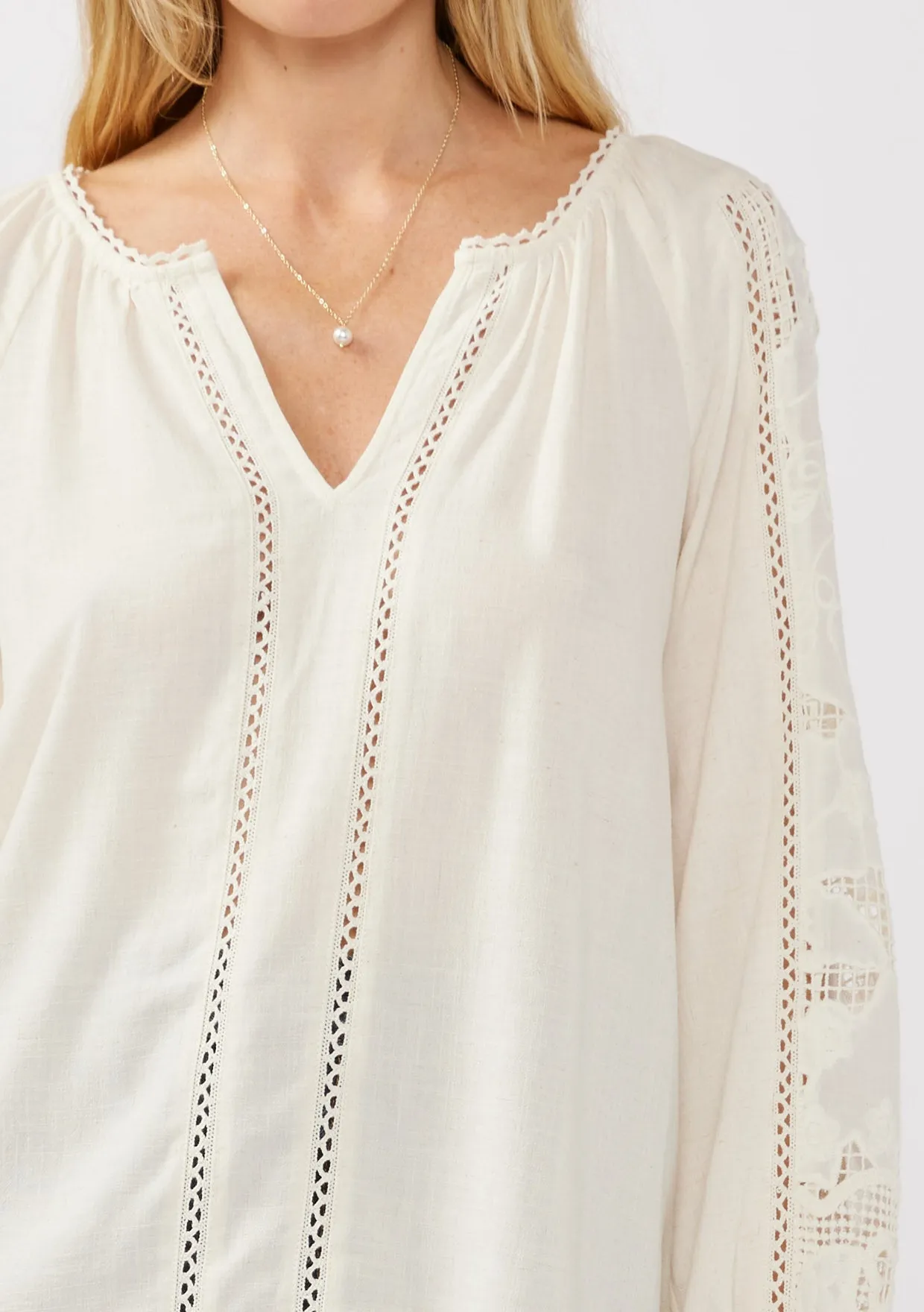 Embroidered Lace Trim Split Neck Blouse