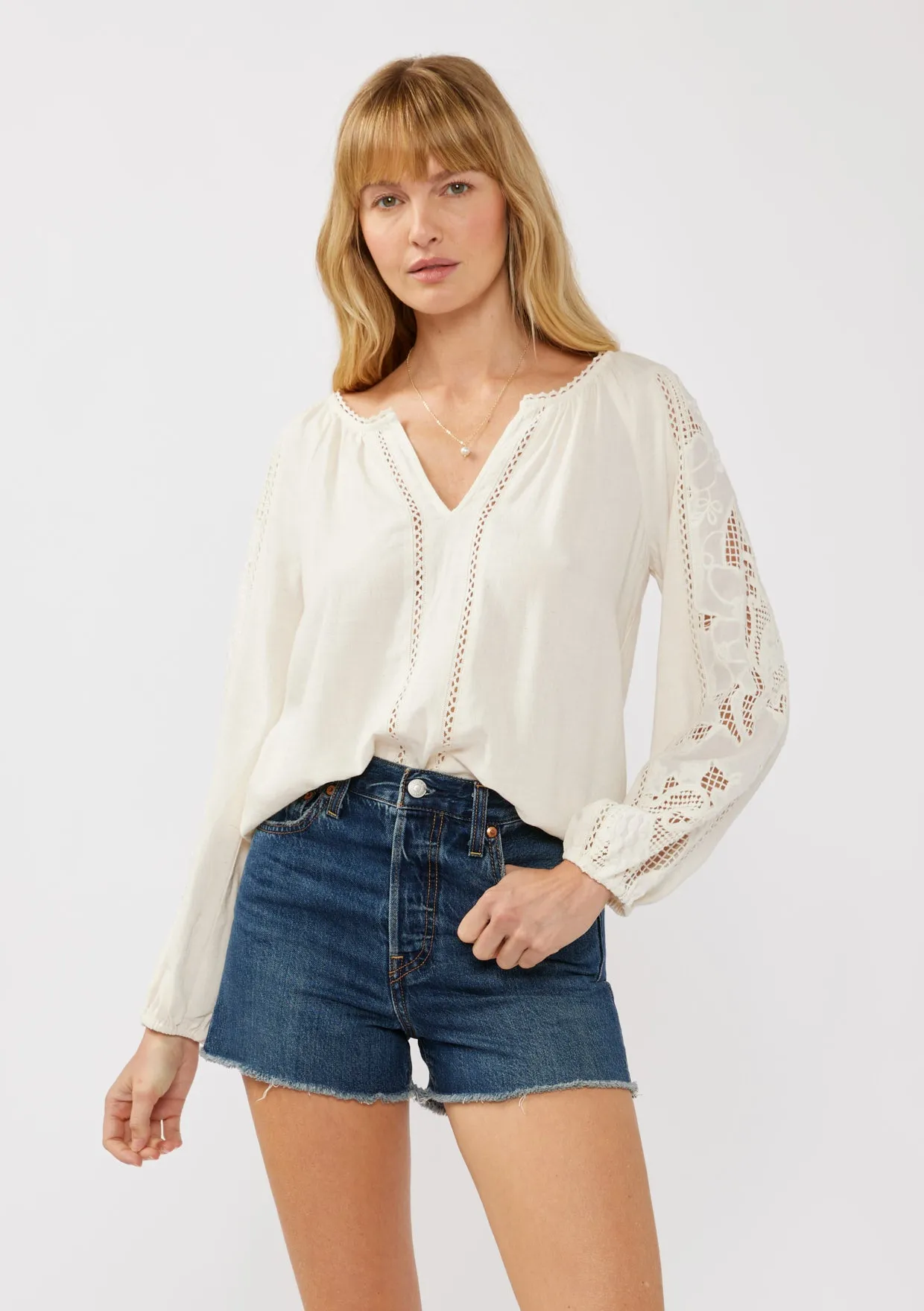 Embroidered Lace Trim Split Neck Blouse