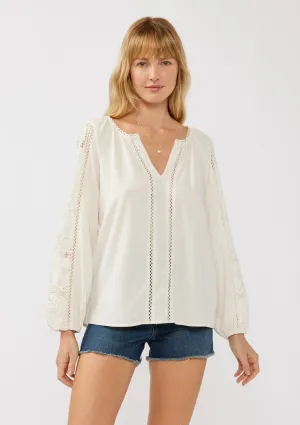 Embroidered Lace Trim Split Neck Blouse