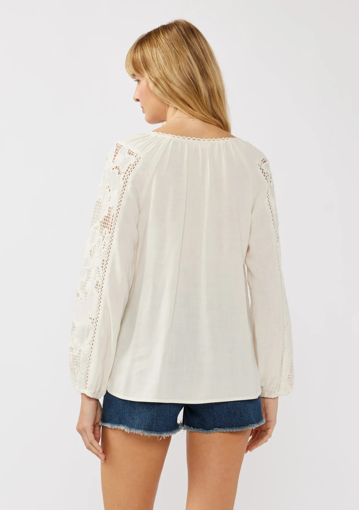 Embroidered Lace Trim Split Neck Blouse