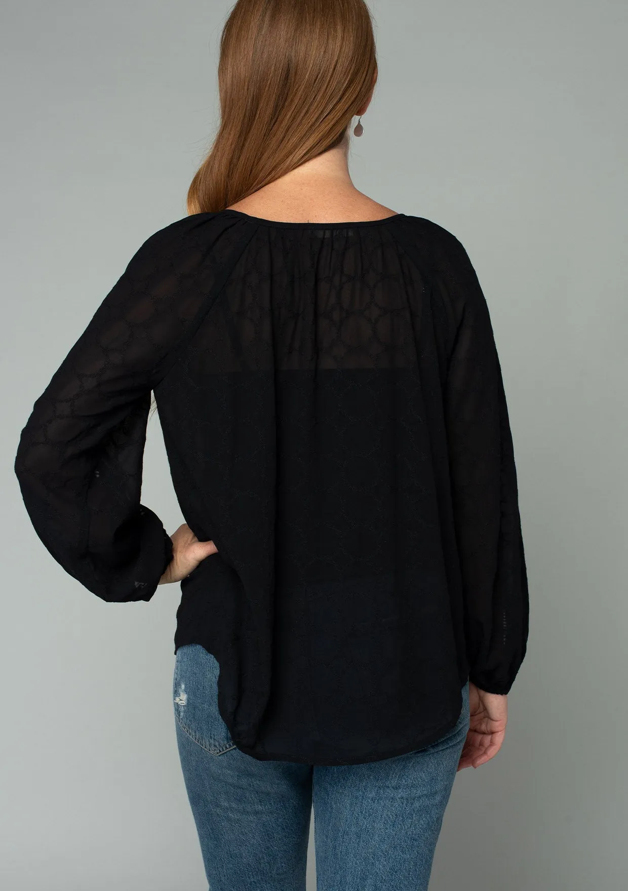 Embroidered Lattice Trim Long Sleeve V Neck Top