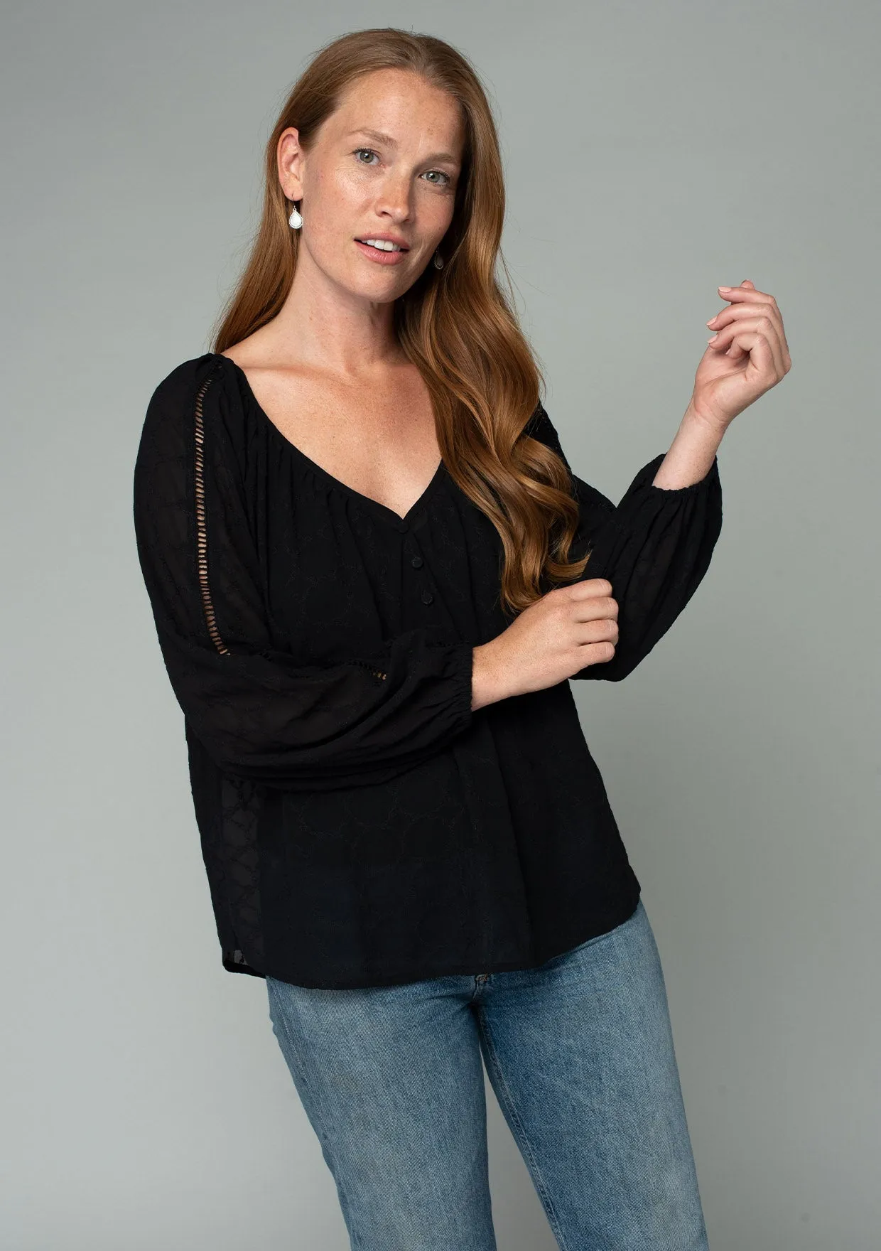Embroidered Lattice Trim Long Sleeve V Neck Top